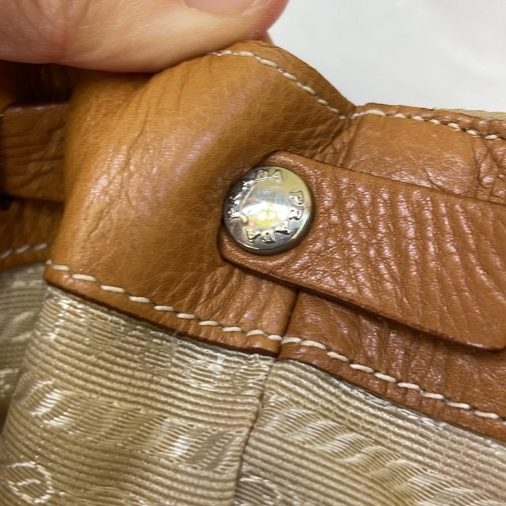 Vintage tan/silver Prada nylon/leather bag with dust bag